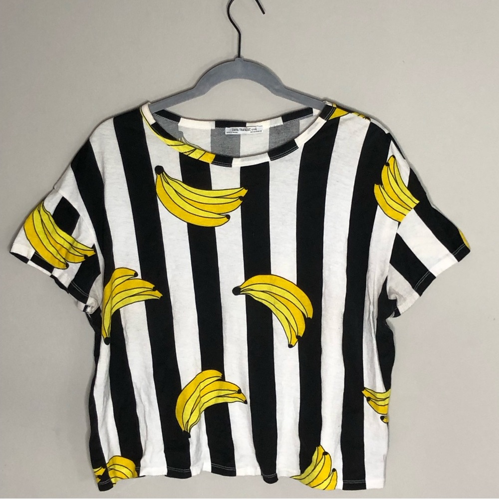 Women’s BANANAS FOR YOU Black and White Block Striped Tee Shirt size M